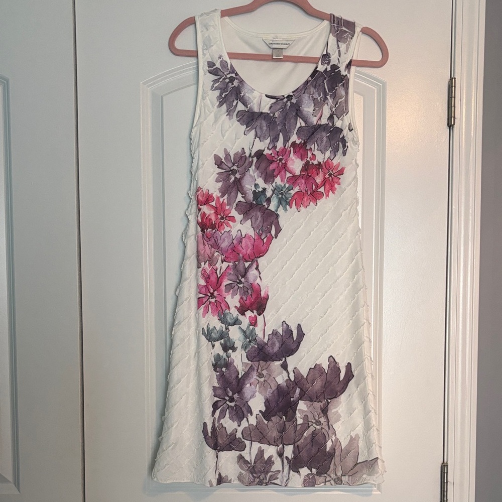 Christopher & Banks White Dress with Purple and Pink Floral Design